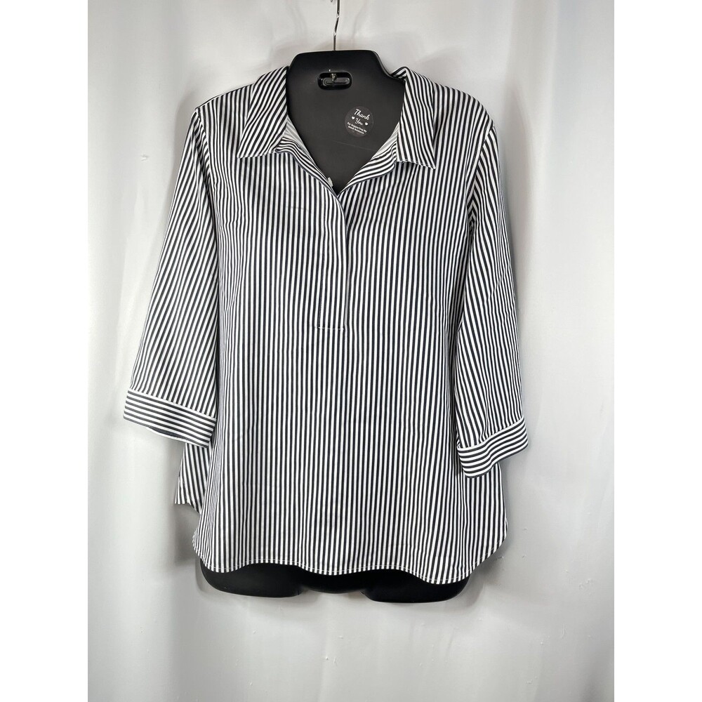 Chico's Shirt Womens Petite 1P Blue Stripe No Iron Chic Stretch Tunic Top